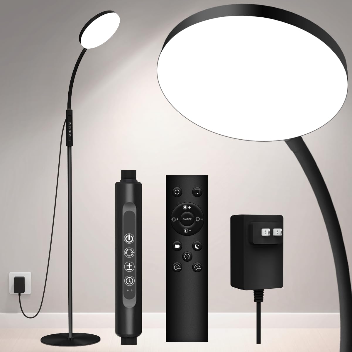 Mojimdo Stehlampe 20000 Lux Tageslichtlampe – Flexible, dimmbare LED-Lichttherapielampe mit 5 Farben, 10 Helligkeitsstufen und Timer – Ideal für Schlafzimmer, Wohnzimmer und Büro – Schwarz