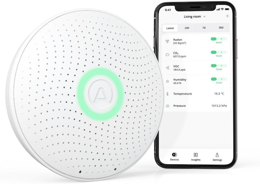Airthings Wave Plus Smart Radon-, CO2- und TVOC-Detektor mit Temperatur-, Luftfeuchtigkeits- und Luftdrucksensoren, batteriebetrieben mit kostenloser App