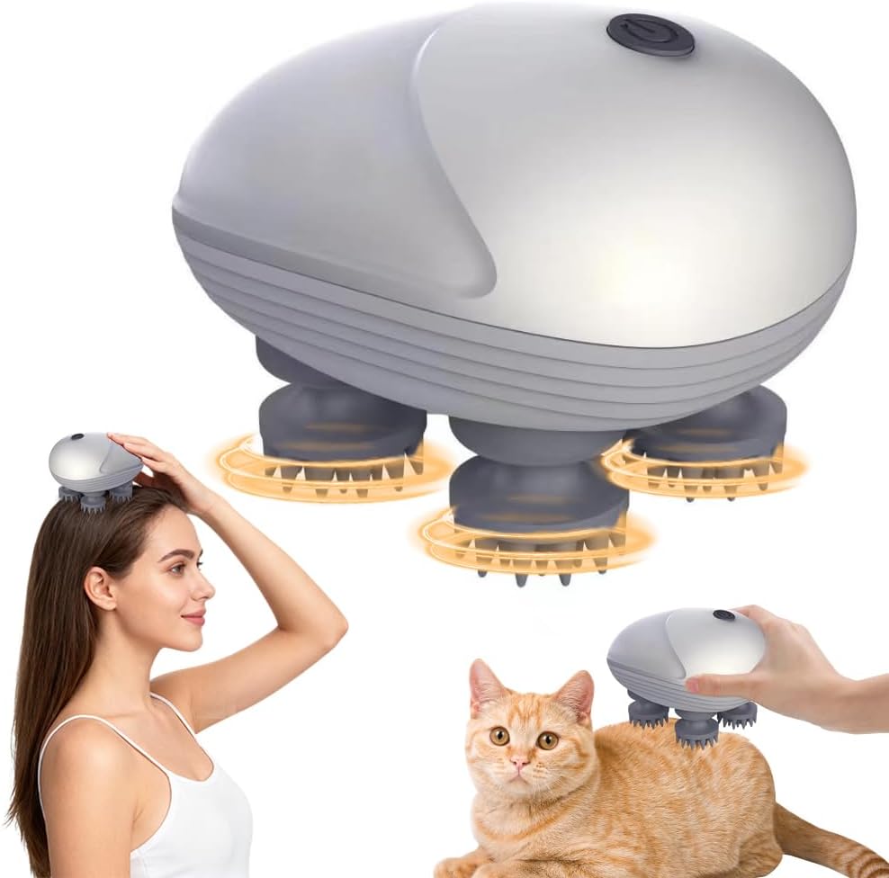 Elektrisches Kopfmassagegerät, elektrisches Kopfmassagegerät, IPX7 wasserdichtes Katzenmassagegerät mit 4 Massageköpfen, Kopfhautmassagegerät für Ganzkörpermassage, Hundekörperhaarwachstum (Silber)