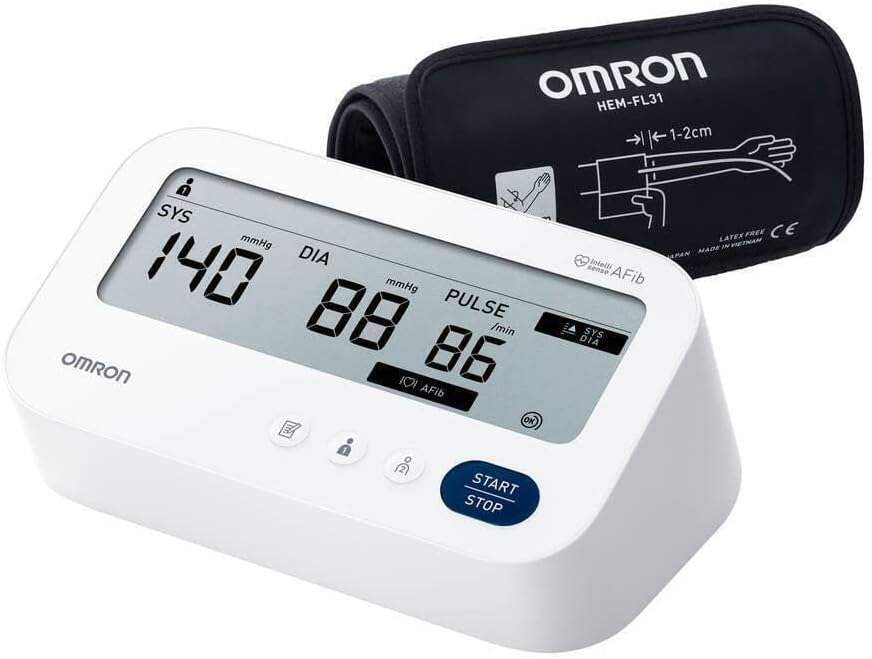 OMRON M3 Comfort AFib – Automatisches Oberarm-Blutdruckmessgerät, Erkennung von Vorhofflimmern + IntelliWrap-Manschette, Dreifachmessung, 2× Speicher – Perfekt für Zuhause und Prävention