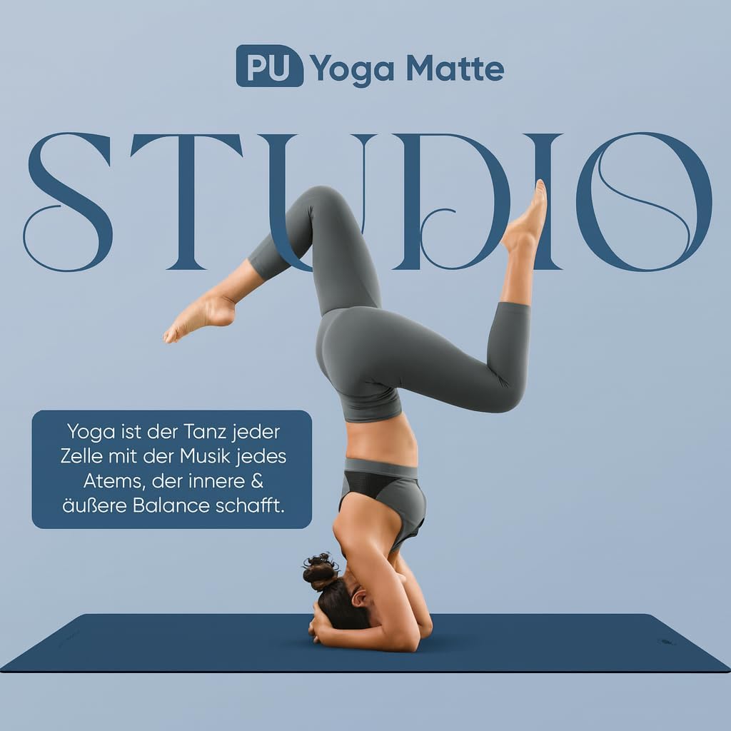 Premium Yogamatte Studio 185 x 68 x 0,4 cm (extra groß) inklusive Gurt aus Öko-PU und Naturkautschuk – rutschfeste Beschichtung, Gymnastik- & Pilatesmatte, 100 % nachhaltig, schadstofffrei – Bild 2