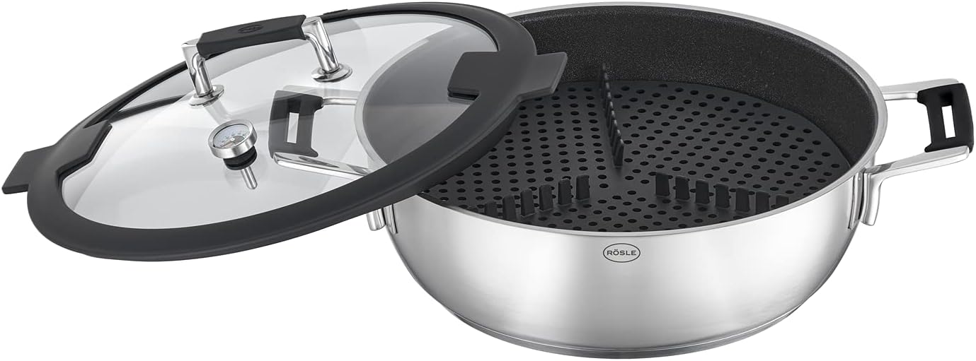 RÖSLE Silence Pro Aroma-Dampfgarer, hochwertige Auflaufform zum Dünsten, Warmhalten und Aufwärmen inklusive Deckelthermometer und Ablagegestell, Edelstahl, spülmaschinenfest, 28 cm, Silber/Schwarz – Bild 3
