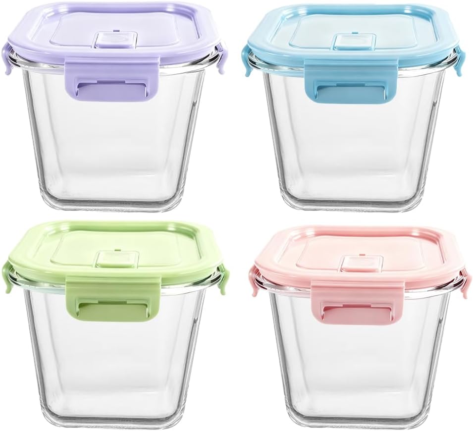 900 ml Glasbehälter mit Deckel, Vorratsgläser aus Glas mit Deckel, luftdicht. Quadratische Meal-Prep-Behälter, Mealprep-Gläser, Suppenbehälter aus Glas für Mikrowelle, Gefrierschrank und Spülmaschine
