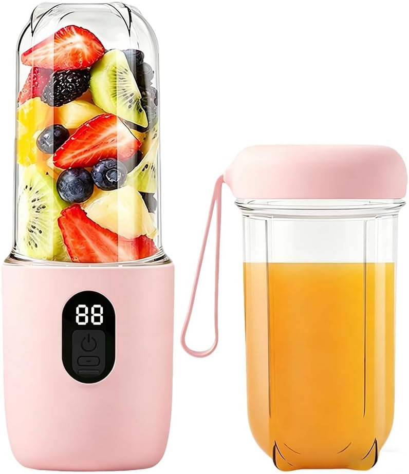 Tragbarer Mixer, 500 ml Smoothie Maker to Go, 16-Blatt Mini Standmixer, 1200 Mah, tragbarer Mixer mit Digitalanzeige Mini Smoothie Mixer für Babynahrung Saft Marmelade Shake Smoothie, Rosa – Bild 8