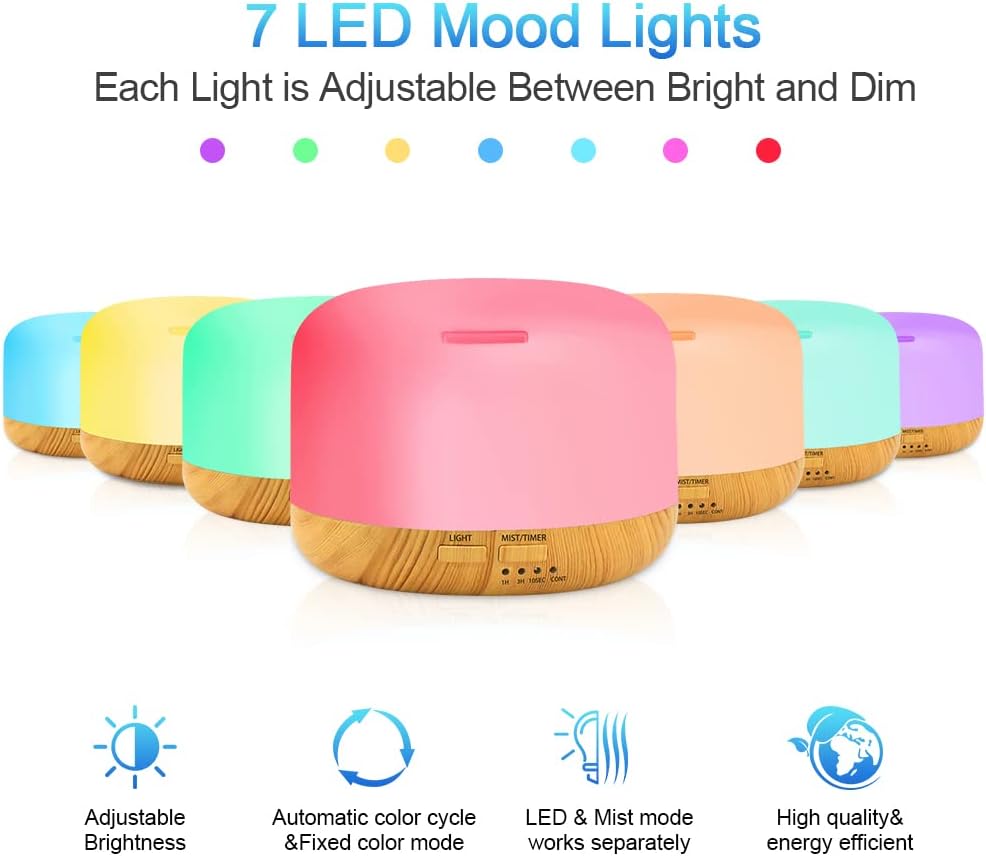 LOMUG Aromadiffusor, 450 ml, Luftbefeuchter, Ultraschall-Luftbefeuchter, Aromatherapie-Diffusor, LED mit 7 Farben, elektrischer Ölbrenner, automatische Abschaltung für Zuhause, Schlafzimmer, Büro, Zimmer, Yoga, Spa – Bild 2