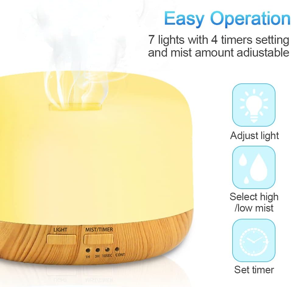 LOMUG Aromadiffusor, 450 ml, Luftbefeuchter, Ultraschall-Luftbefeuchter, Aromatherapie-Diffusor, LED mit 7 Farben, elektrischer Ölbrenner, automatische Abschaltung für Zuhause, Schlafzimmer, Büro, Zimmer, Yoga, Spa – Bild 4