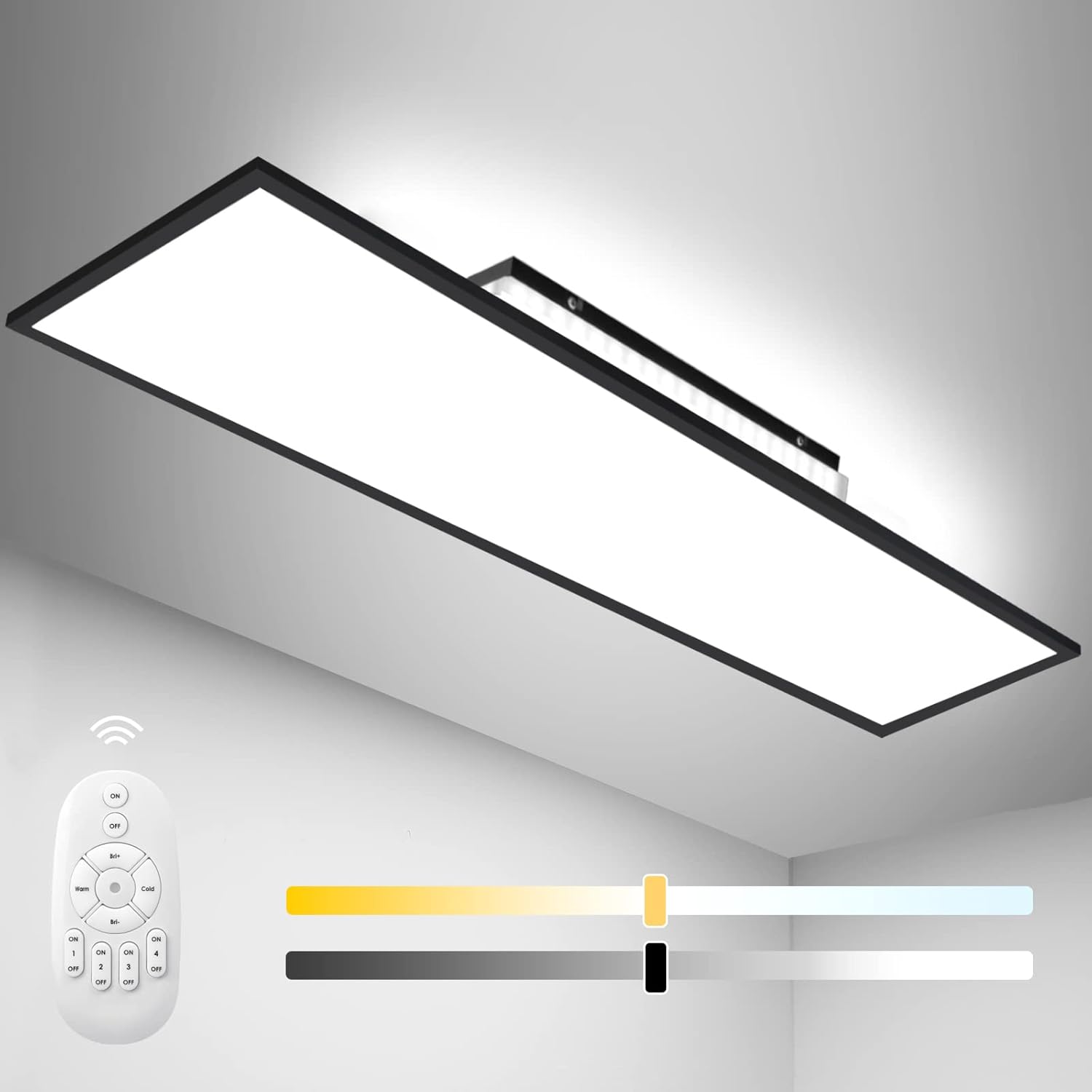 Dimmbares LED-Panel, 120 x 30 cm, Deckenleuchte, Hintergrundbeleuchtung, 55 W, warm/natürlich/kaltweiß, 2700–6500 K, Tageslichtlampe, Fernbedienung und Memory-Funktion, für Büro, Werkstatt, Garage, Zimmer, Küche