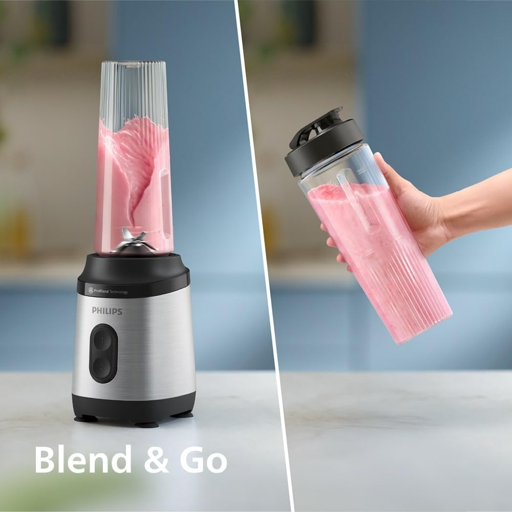 Philips Blend & Go 3000 Series Mini-Smoothie-Mixer – 350 W, 0,6 l Becher, abnehmbares 4-Sterne-Messer, 2 Geschwindigkeiten, spülmaschinenfest, ProBlend-Technologie, kompakt, Silber (HR2671/00) – Bild 2