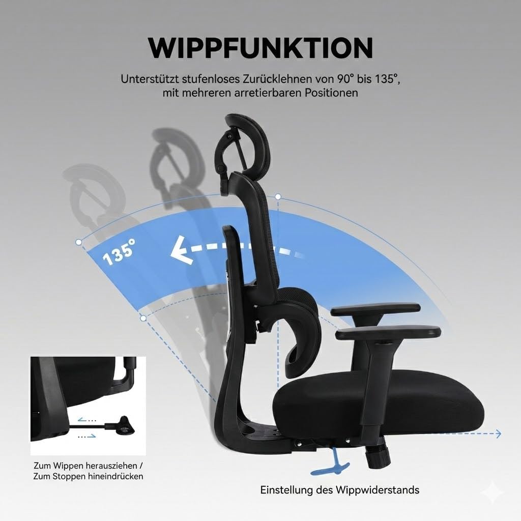 MUSSO E600AIR Ergonomischer Bürostuhl, Heimbürostuhl mit hoher Rückenlehne und adaptiver Lendenwirbelstütze, 5D-verstellbare Rückenlehne, 135°-Neigung, 3D-Kopfstütze und Armlehnen, Netz-Computerstuhl – Bild 9