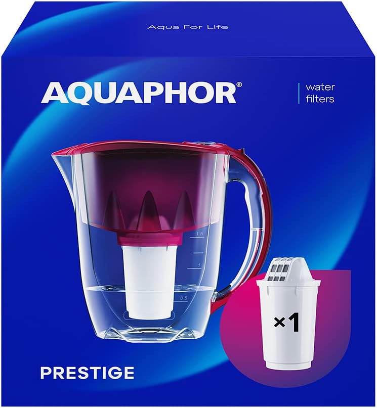 AQUAPHOR Prestige Cherry Wasserfilterkanne inkl. 1 A5 Filter I Karaffe für 2,8 LI passt in die Kühlschranktür I Reduziert Kalk und Chlor I Tischwasserfilter I Praktische Filterkanne