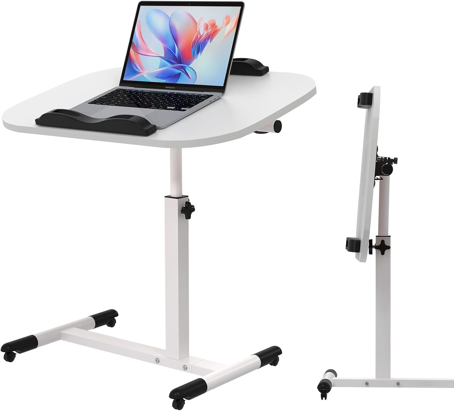 Kleiner Klapptisch, Beistelltisch auf Rollen, höhenverstellbar, Computertisch, mobiler Stehtisch, ergonomisch 360° drehbar (weiß, 60 x 40 x 61-95 cm)