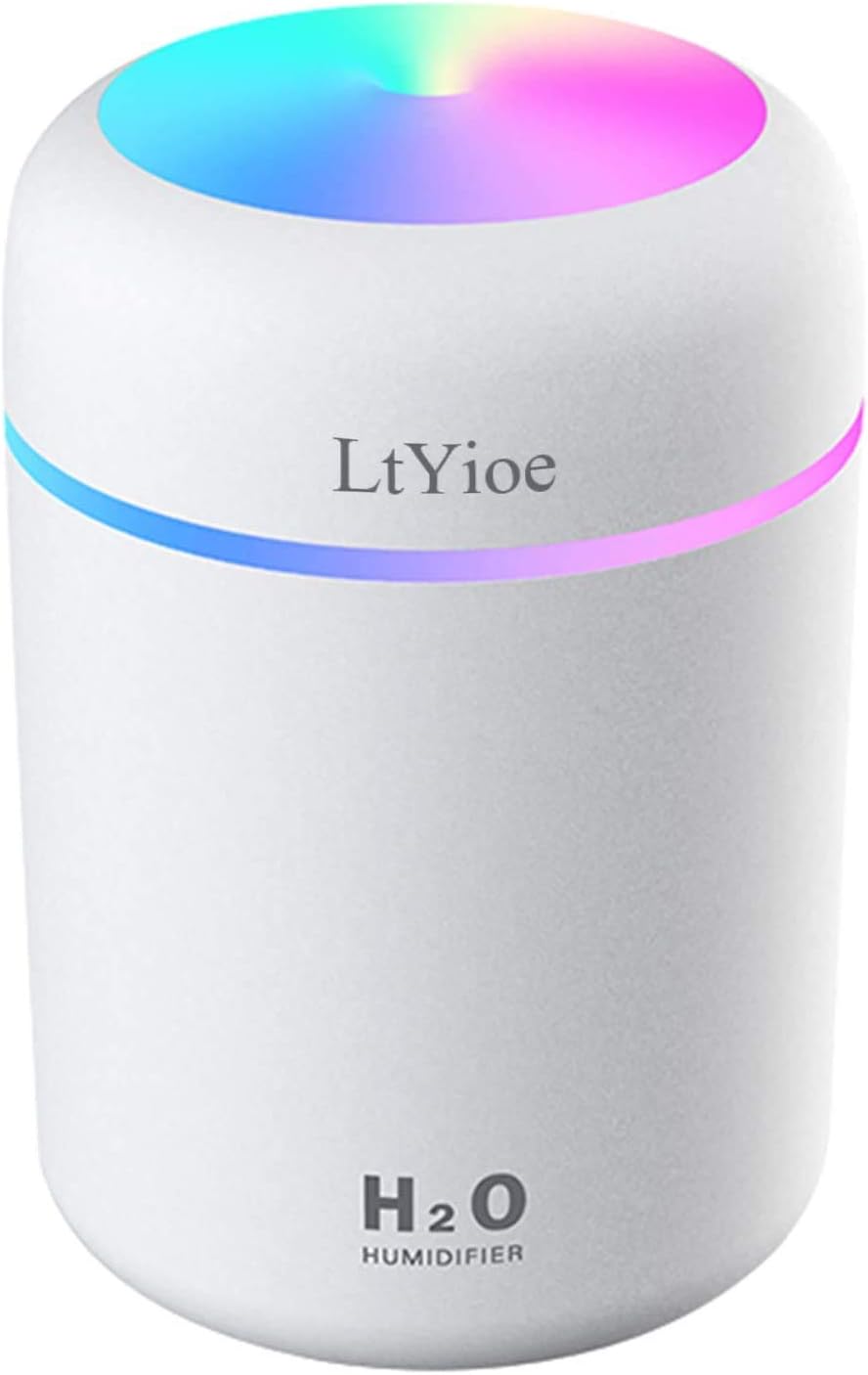 LtYioe Luftbefeuchter, persönlicher Desktop-Mini-Luftbefeuchter mit bunter, kühler Nachtlichtfunktion, automatischer Abschaltung und superleise für Auto, Büro, Schlafzimmer (weiß)