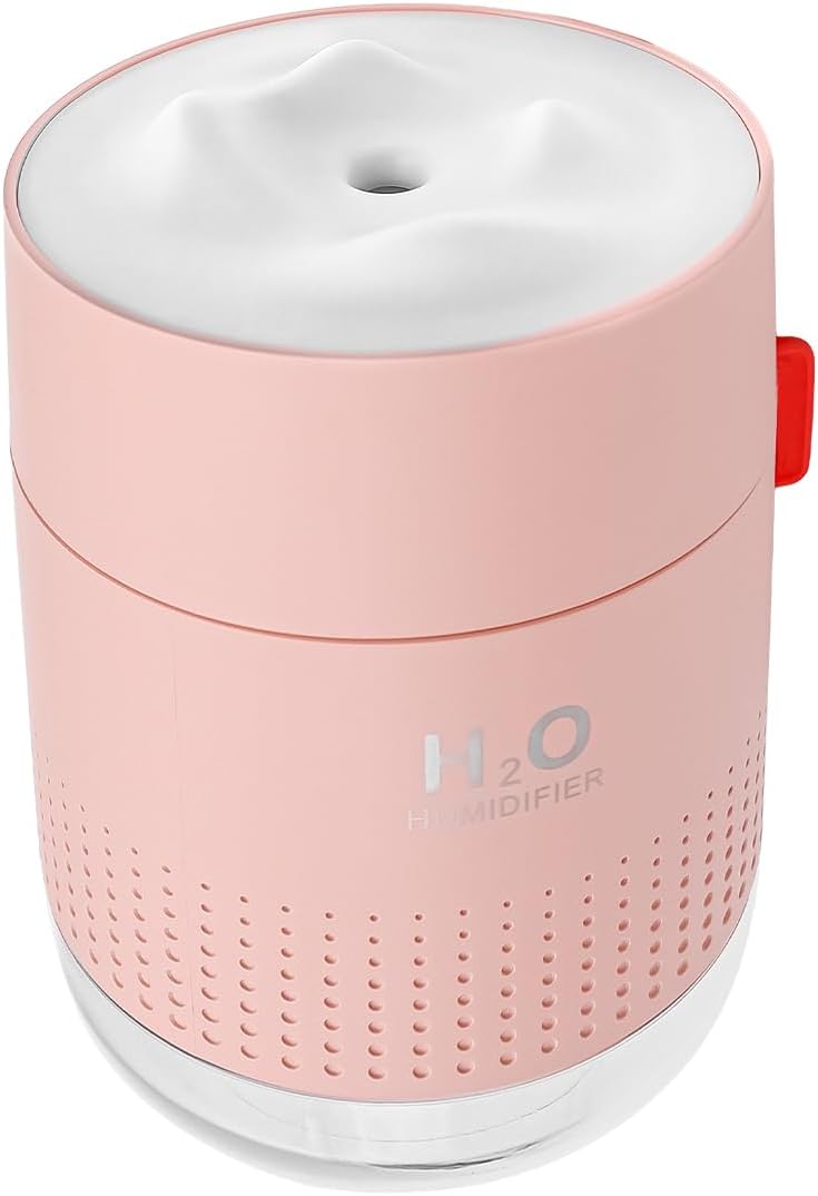 USB wiederaufladbarer Mini-Luftbefeuchter mit LCD-Stimmungsbeleuchtung, 500 ml, tragbarer Luftbefeuchter für Schlafzimmer, Büro, Pflanzen, 12 Stunden Laufzeit, leiser Nebel (Pink) – Bild 2