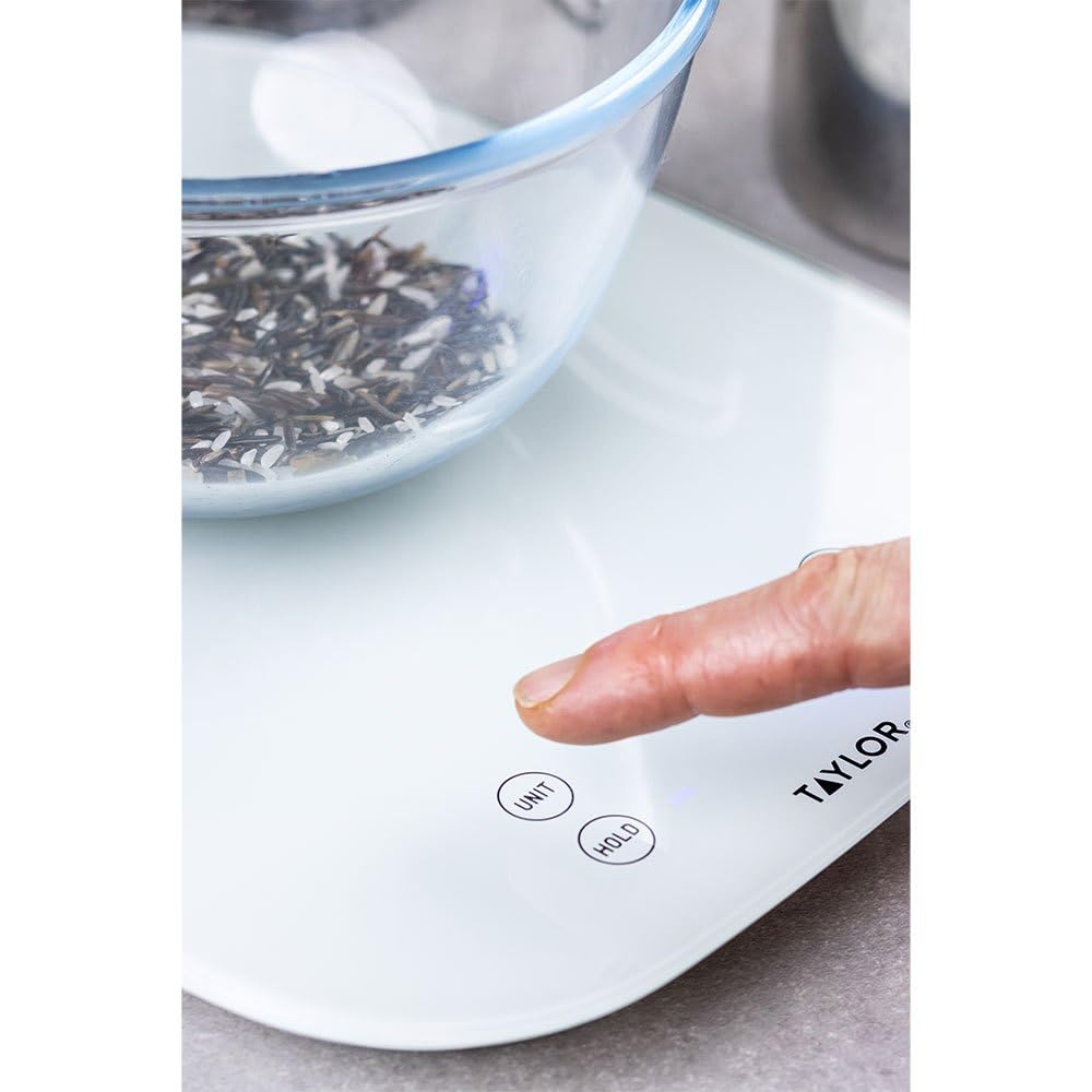 Digitale Küchenwaage Taylor Pro für Lebensmittel, kompakter professioneller Standard mit Präzisionsgenauigkeit, wasserdichtem Design und Tarafunktion, weißes Glas, Wiegekapazität 14 kg / 14 l – Bild 8