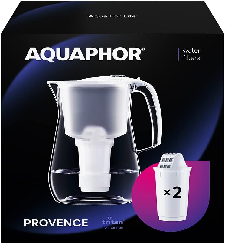 AQUAPHOR Wasserfilter Provence weiß inkl. 2 A5-Filter mit Magnesium, Karaffe für 4,2 Liter, großer Wasserspender in Glasoptik, reduziert Kalk und Chlor, Tischwasserfilter, stilvoller Behälter