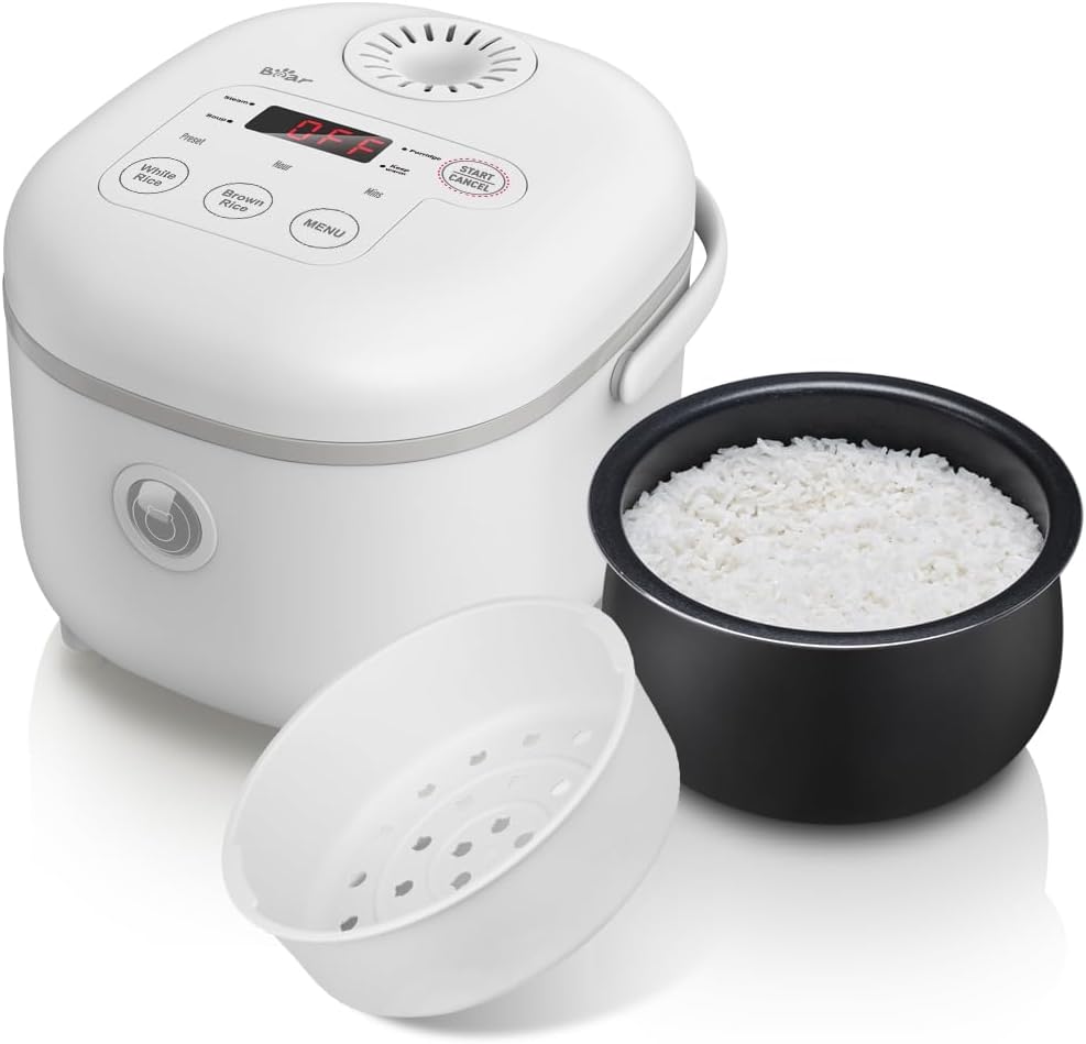 Bear Reiskocher 4 Tassen (ungekocht) mit Dampfgarer, multifunktionaler 350 W elektrischer Reiskocher Mini, 6 Reiskochfunktionen für 2–4 Personen, Weiß