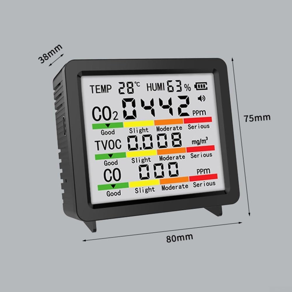 Tragbarer Luftmonitor, 4-Zoll-Bildschirm CO2/HCHO/TVOC-Temperatur-Feuchtigkeitsmessgerät, automatische Kalibrierung, USB-C-Betrieb für Innen-, Heim-, Büro-, Auto- und Luftsteuerung – Bild 2