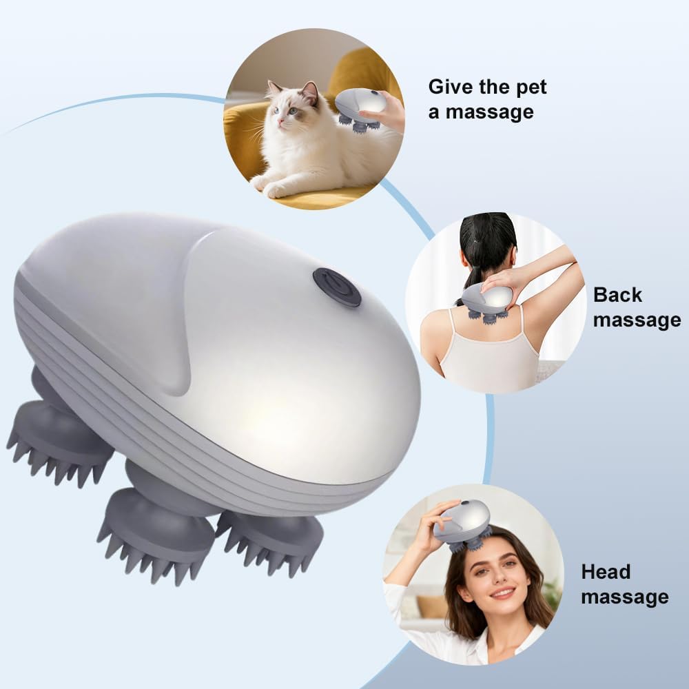 Elektrisches Kopfmassagegerät, elektrisches Kopfmassagegerät, IPX7 wasserdichtes Katzenmassagegerät mit 4 Massageköpfen, Kopfhautmassagegerät für Ganzkörpermassage, Hundekörperhaarwachstum (Silber) – Bild 5