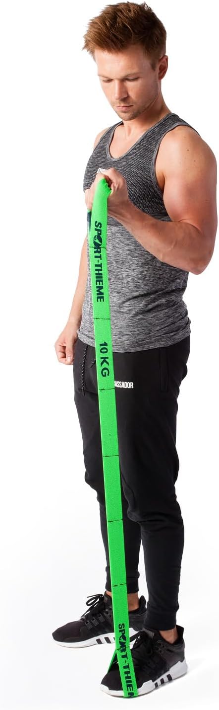 Sport-Thieme Fitnessband für Arme und Beine, elastisches Textilband, Gymnastikband, Widerstandsband mit Schlaufen, 3 Zugstärken und Farben: L: 96 cm Latex-Polyesterfäden Markenqualität – Bild 7