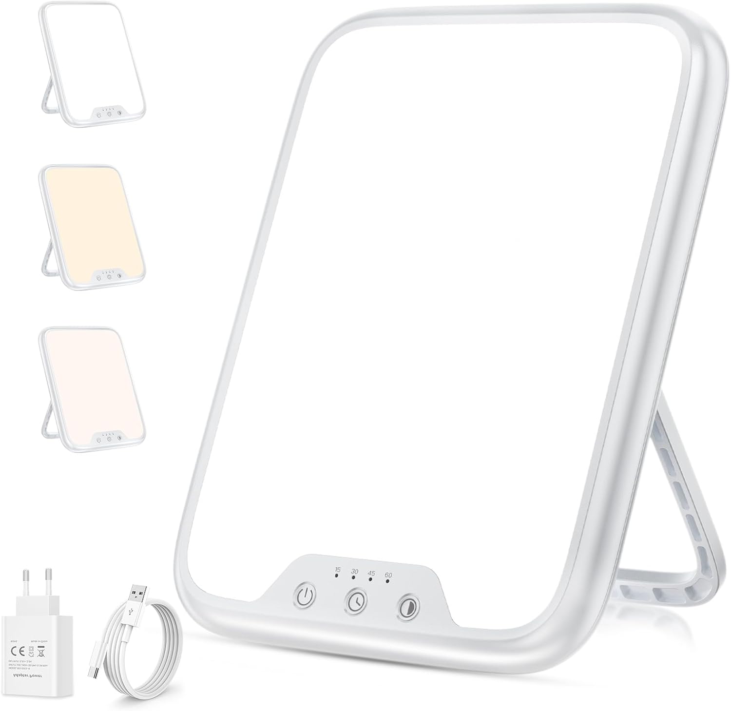 VTHW Tageslichtlampe, 10000 Lux Lichttherapielampe mit Memory-Funktion, 4 Timer, 3 Lichtfarben, Sonnenlichtlampe mit Tastensteuerung, stufenloses Dimmen, 90°-Halterung, für Zuhause/Büro