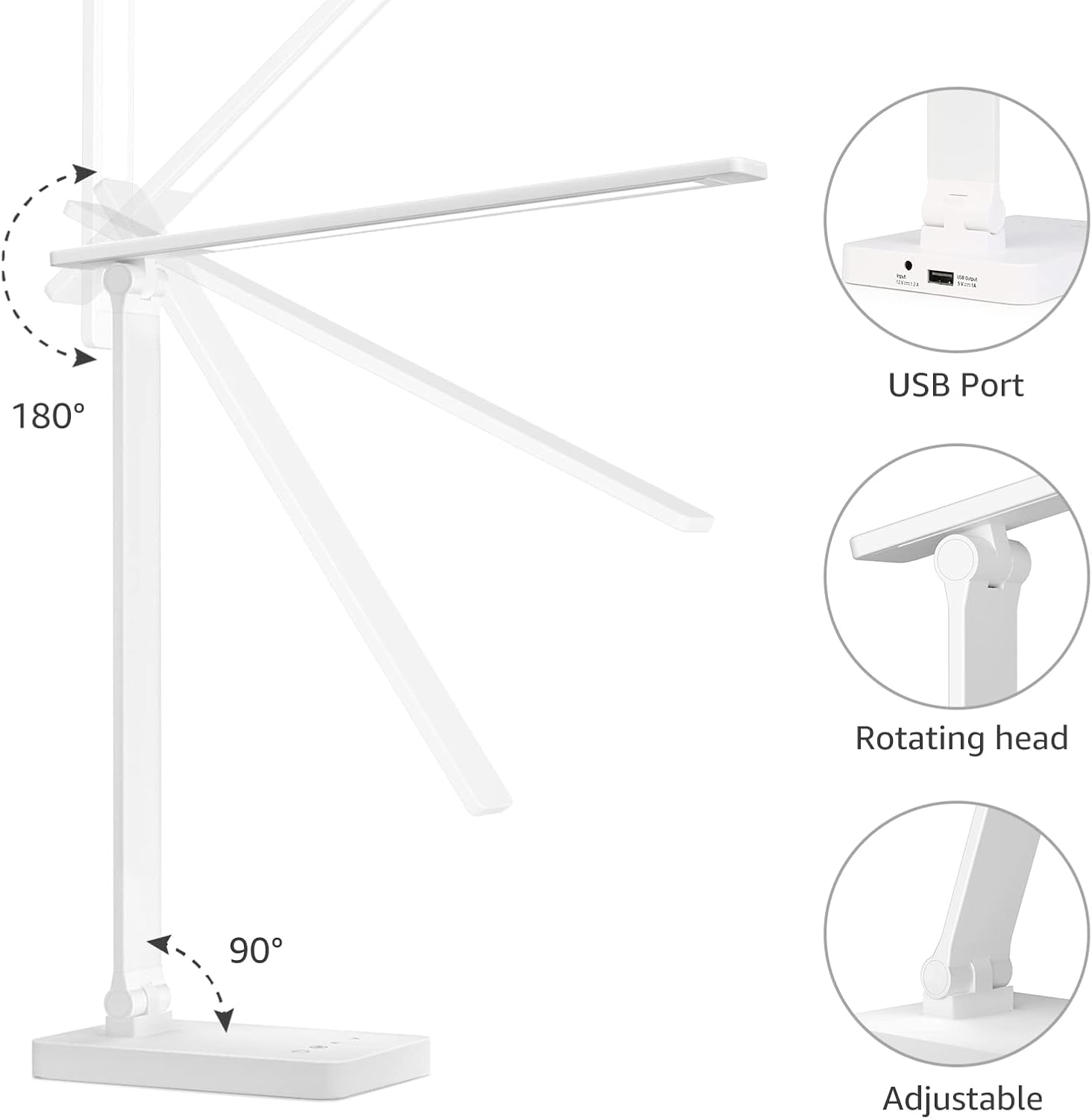 Lepro LED-Schreibtischlampe 15 W, dimmbare Tischlampe 655 lm mit 3 Farbmodi & 5 Helligkeitsstufen, USB-Anschluss, Augenschutz-Leselampe für Büro, Arbeitszimmer, Nachttisch & Lesen, Weiß (2 Stück) – Bild 2