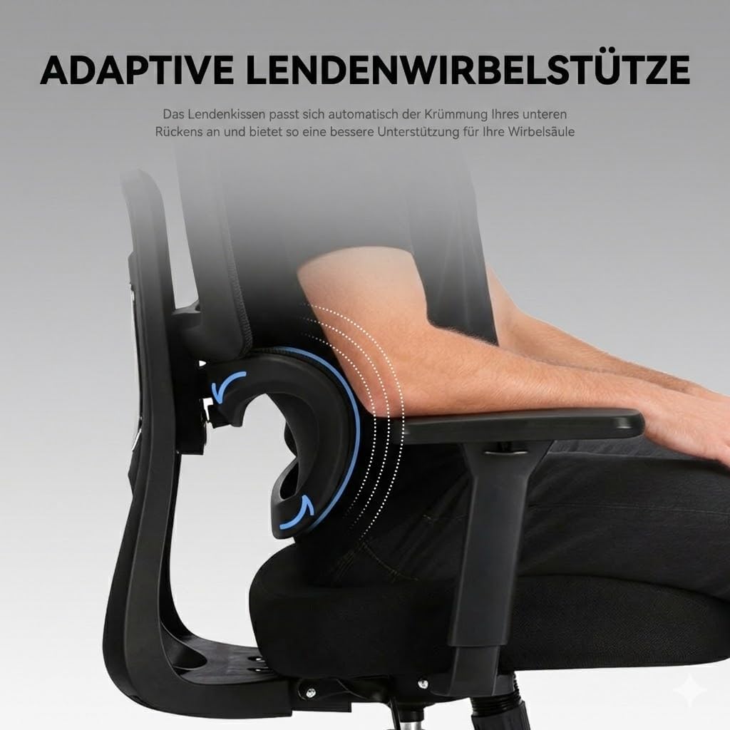 MUSSO E600AIR Ergonomischer Bürostuhl, Heimbürostuhl mit hoher Rückenlehne und adaptiver Lendenwirbelstütze, 5D-verstellbare Rückenlehne, 135°-Neigung, 3D-Kopfstütze und Armlehnen, Netz-Computerstuhl – Bild 7