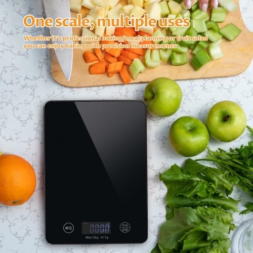 5 kg digitale Küchenwaage, wiederaufladbare Küchenwaage mit großem LCD-Display und Tara-Funktion, wasserdichte elektronische Digitalwaage, hohe Präzision 1 g, mit großer Wiegefläche aus Glas, Schwarz – Bild 6