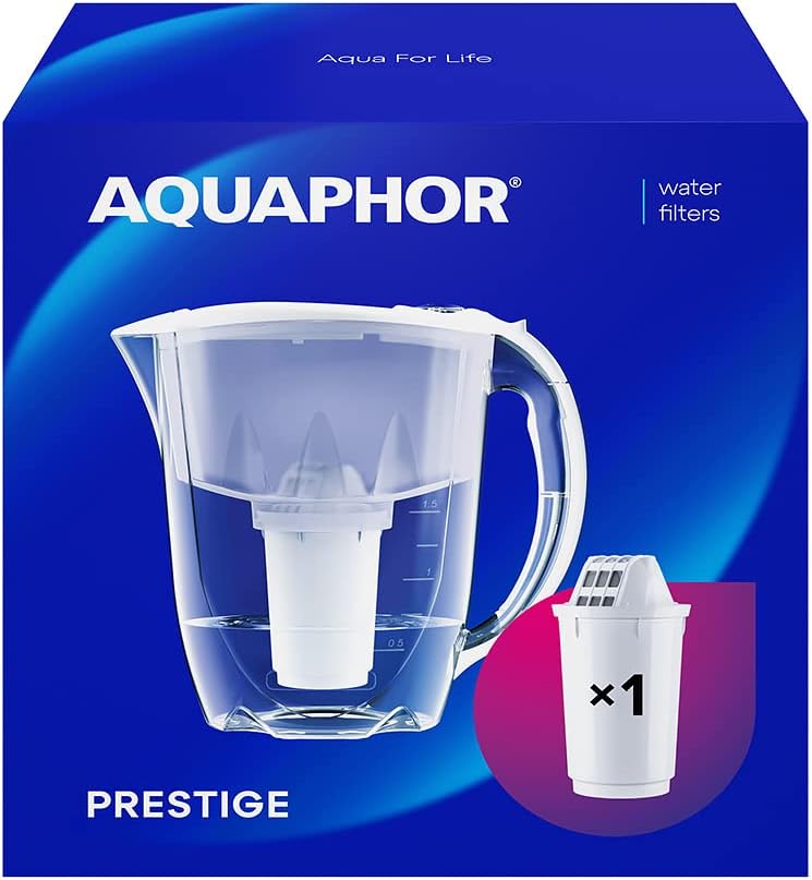 AQUAPHOR Prestige Wasserfilterkanne weiß inkl. 1 A5 Filter I Karaffe für 2,8 LI passt in die Kühlschranktür I Reduziert Kalk und Chlor I Tischwasserfilter I Praktische Filterkanne