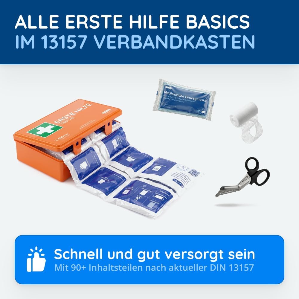 FLEXEO Erste-Hilfe-Set C nach aktueller DIN 13157 | mit Wandhalterung/Wandmontage | Betriebsapotheke / Verbandskasten für Betriebe, Büros und Baustellen gemäß ASR | Orange – Bild 3