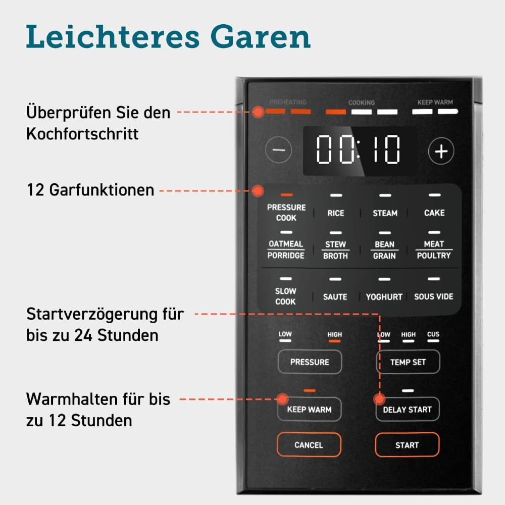 COSORI Schnellkochtopf, Keramikbeschichtung, 9-in-1, Multikocher mit 14 Funktionen, Schnellkochtopf 5,7 l, Reiskocher, Dampfgarer, Joghurtbereiter, Slow Cooker und Sous Vide, Rezeptbuch, Edelstahl – Bild 6
