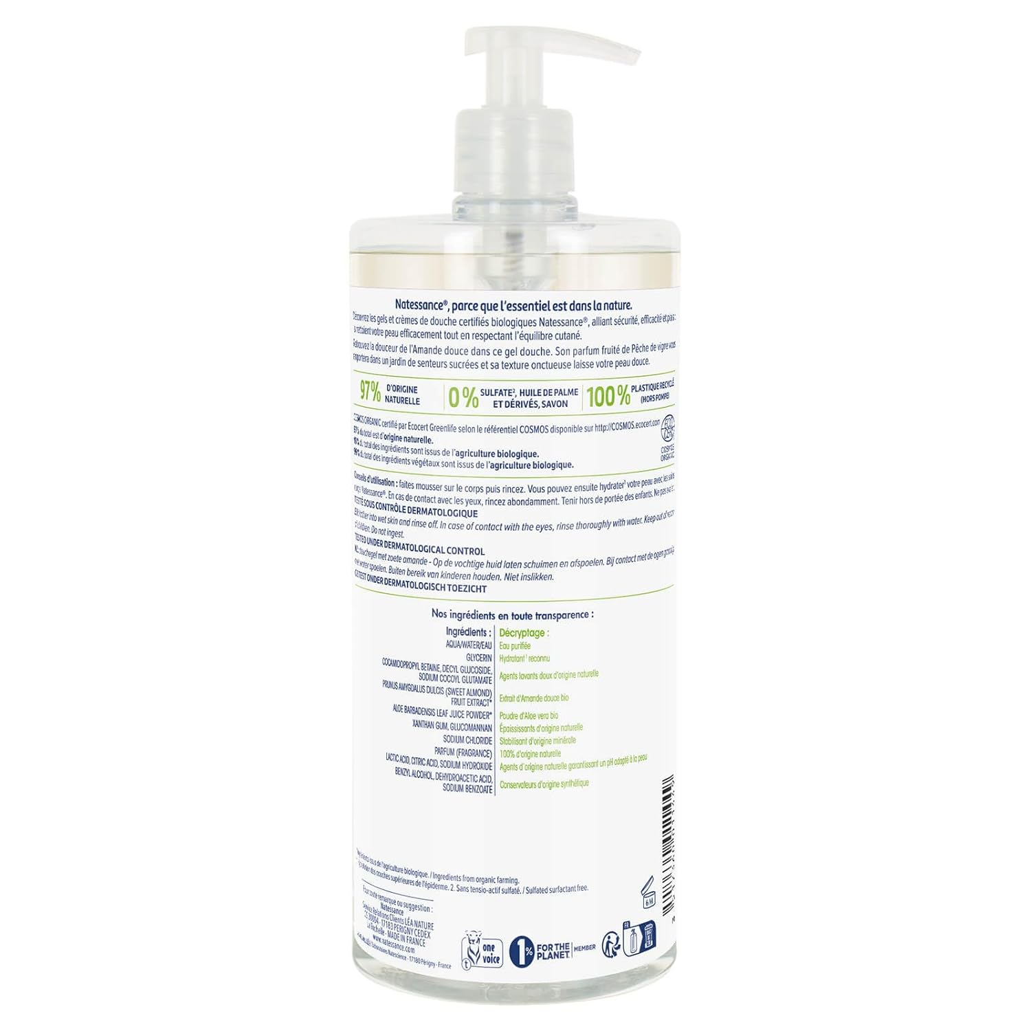 Natessance Hygiène Sulfatfreie Mandel-Duschcreme, Wein-Pfirsich-Duft, 1 l – Bild 2