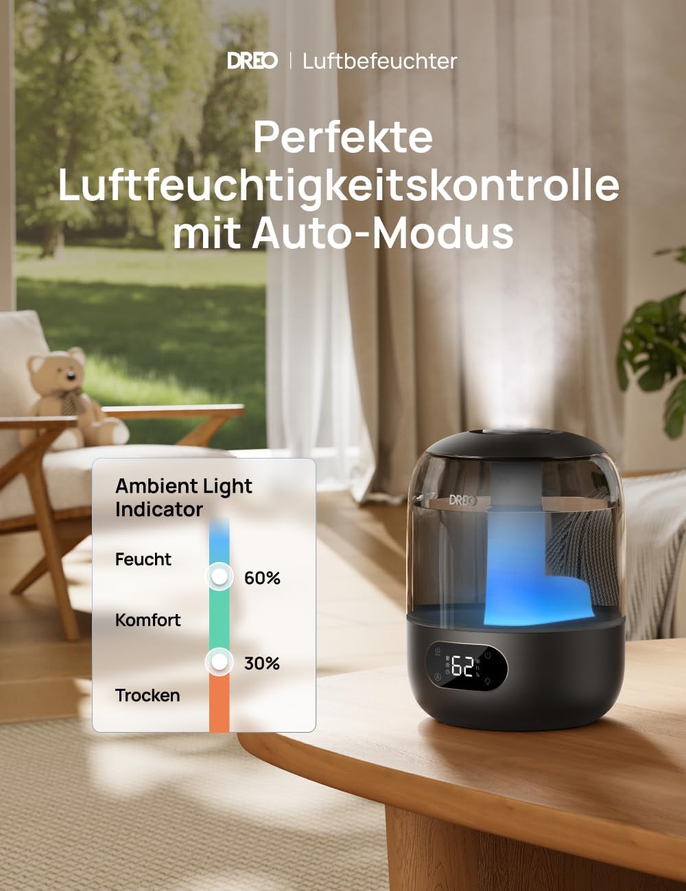 Dreo Luftbefeuchter für Schlafzimmer, Kaltnebel-Ultraschallgerät mit 30 Stunden Laufzeit, 3-Liter-Oberfülltank, Feuchtigkeitssensor, Nachtlicht für Babys, Kinderzimmer, Pflanzen und Zuhause – Bild 2