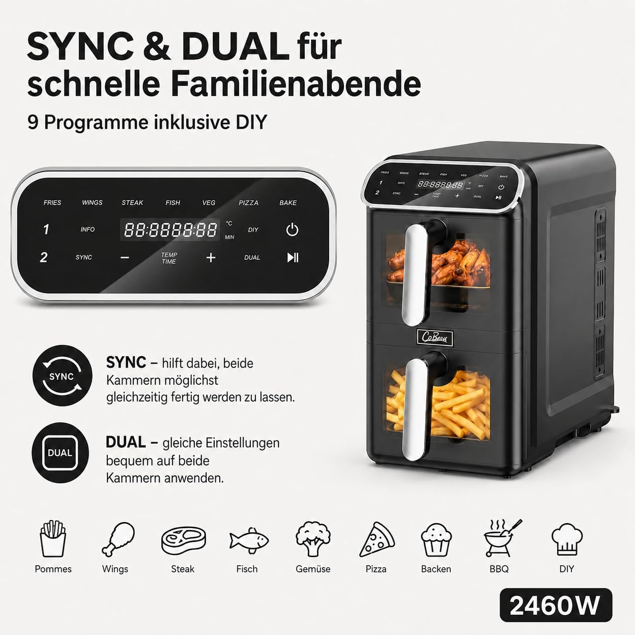 Heißluftfritteuse, 2 Kammern, 11 l, 2 x 5,5 l Airfryer Double Stack mit Sichtfenster, SYNC & DUAL, 9 Programme inklusive DIY, schwer entflammbares V0-Material, 2460 W, spülmaschinenfest – Bild 3