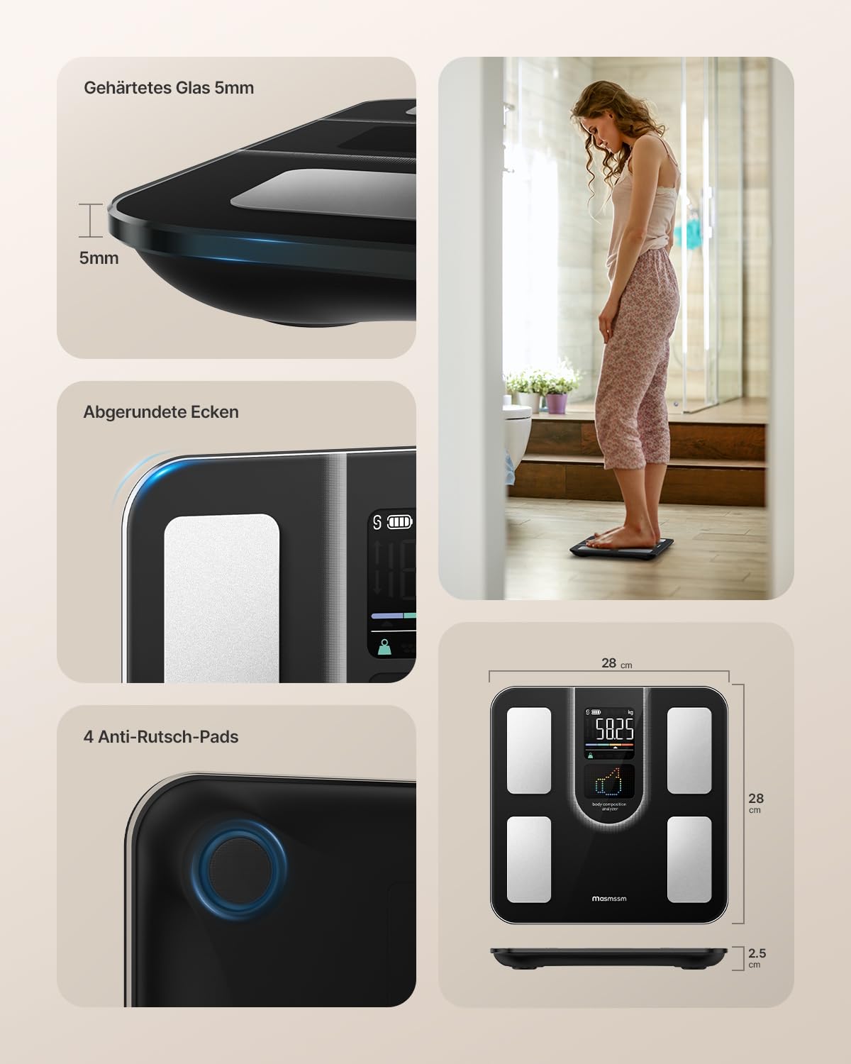 Personenwaage Körperfettwaage Bluetooth Körperanalysewaage mit VA-Anzeige, 22 Körperwerte, Herzfrequenz, BMI, Körperfett & Muskelmasse, kompatibel mit iOS/Android, max. 180 kg – Bild 9