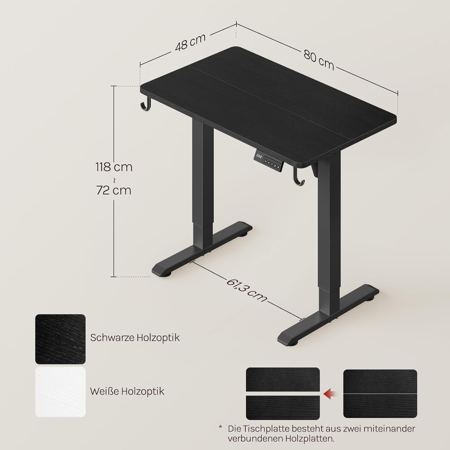 WOLTU Höhenverstellbarer elektrischer Schreibtisch mit Memory-Funktion & Kollisionsschutz, 80 kg Tragkraft, leise, Computertisch für Home Office, Arbeitszimmer, 80 x 48 cm, Schwarz – Bild 3