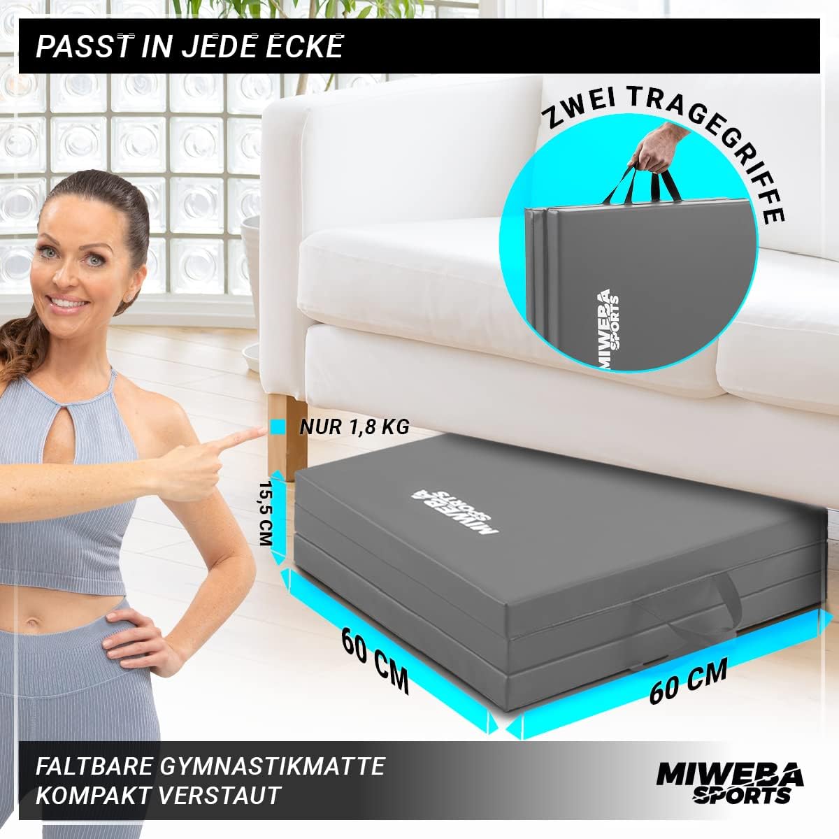 Miweba Sports Gymnastikmatte GM100 – klappbare Weichbodenmatte – 180 x 60 x 5 cm – rutschfeste Sportmatte – Fitnessmatte – Gymnastikmatte – Trainingsmatte – Bodenmatte – Spielmatte – Yogamatte – Bild 3