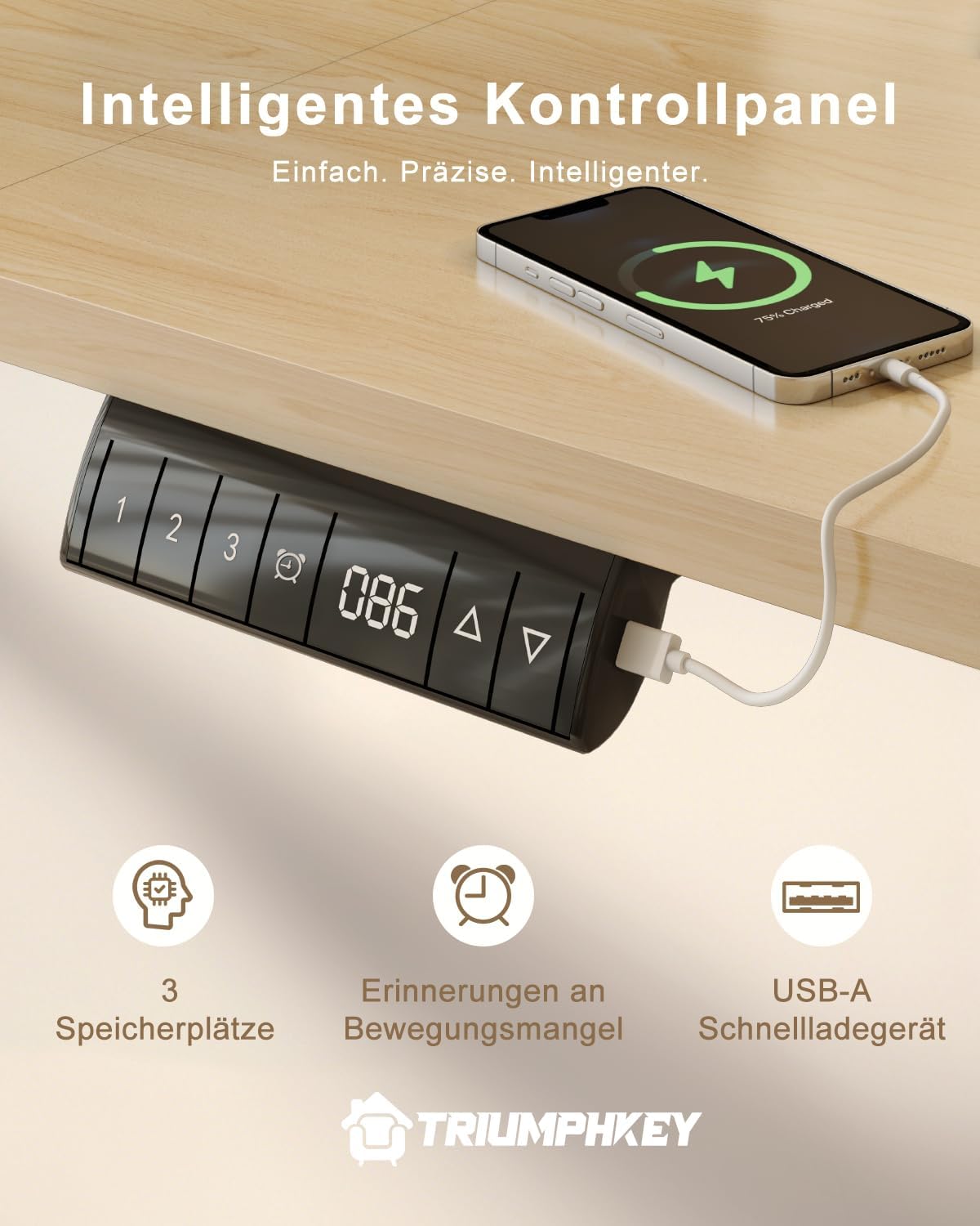 TRIUMPHKEY Höhenverstellbarer Schreibtisch, 160 x 80 cm, mit USB-Ladeanschluss, 3 Speichersteuerungen, höhenverstellbarer Schreibtisch mit Kabelbox, Computertisch, Stehpult, Beige – Bild 5