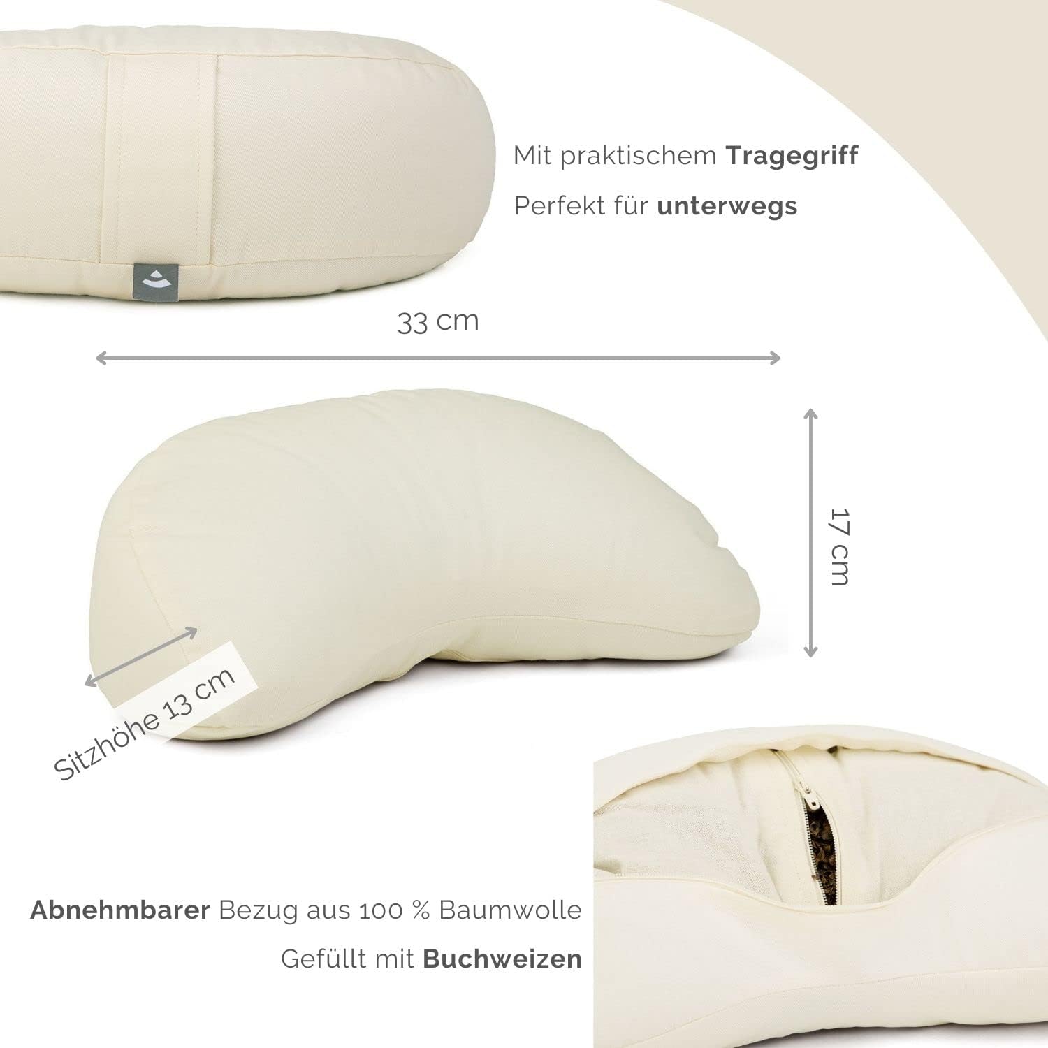 Bodhi Meditationskissen Halbmond Mini | Yogi Moon Eco | Bezug aus 100 % Bio-Baumwolle | Yogakissen halbmondförmig mit Buchweizenfüllung | Halbmondkissen für Yoga & Meditation | Natürlich – Bild 3