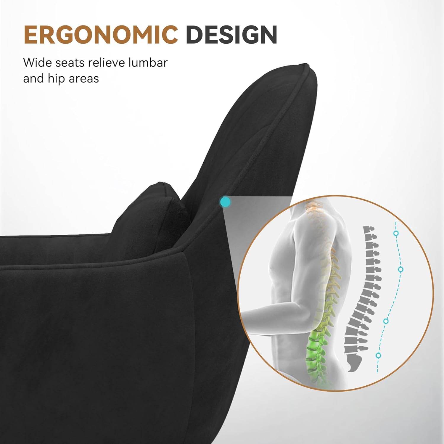 Home-Office-Stuhl, Samtstuhl mit Kissen, 360° drehbar, höhenverstellbarer Bürostuhl, ergonomisch, Schminkstuhl, Drehstuhl, für Arbeitszimmer, Schlafzimmer, maximale Belastung 120 kg, Schwarz – Bild 5