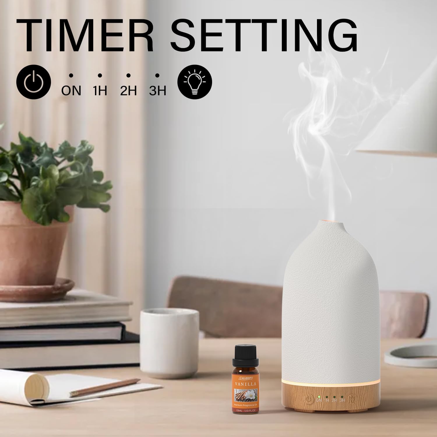SALUBRITO Keramik-Aroma-Diffusor, weißer Diffusor für ätherische Öle, Ultraschall-Duftöl-Diffusor, Aromatherapie-Diffusor für Duftöle, BPA-frei, Geschenk für Frauen – Bild 7