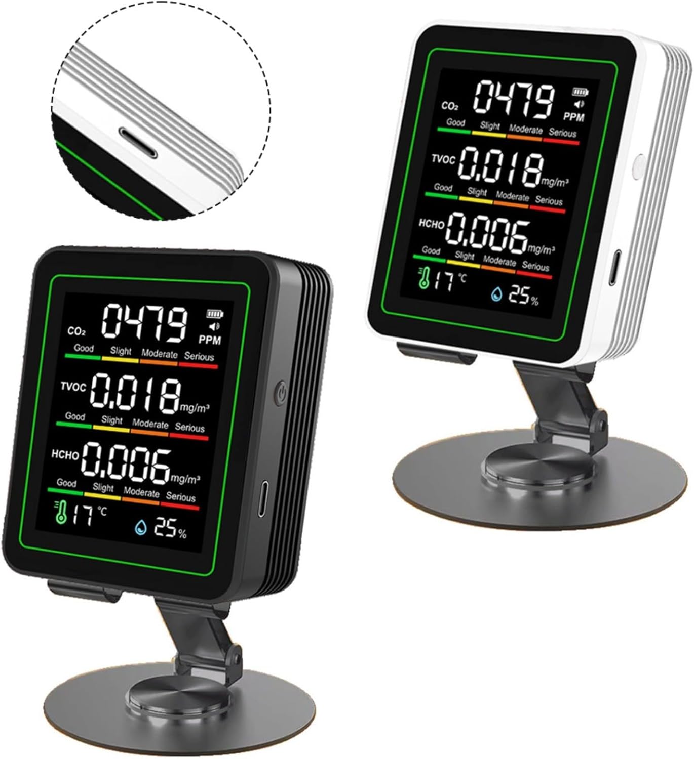 5-in-1-Luftqualitätsmonitor für HCHO, TVOC, Temperatur und Luftfeuchtigkeit; 1,8 Zoll HD-Display, 30-Stunden-Akku; Typ-C; ideal für Zuhause, Büro und Lager, Glewi, Schwarz – Bild 7