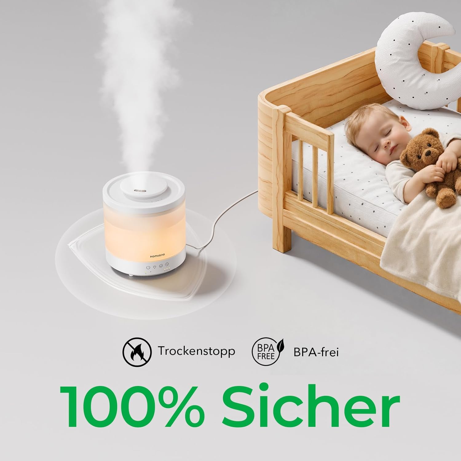 Homvana Schlafzimmer-Luftbefeuchter, 1,5 l Top-Fill-Kühlnebel, kleiner Luftbefeuchter Baby, Aroma-Diffusor, ätherische Öle, Duftöl, Aromatherapie, Ultraschall-Vernebler, Raumduft-LED-Diffusor, BPA-frei – Bild 5