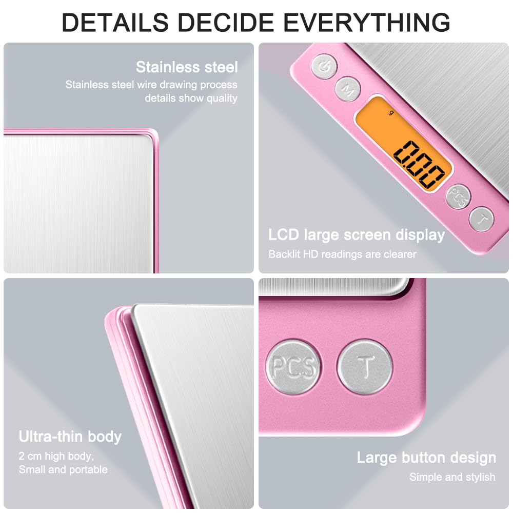 Diyife 500 g / 0,01 g Feinwaage, hochpräzise Buchstabenwaage, Taschenwaage, Gewürzwaage, LCD-Display mit Hintergrundbeleuchtung, mit Ablage, Küchenwaage mit Tara-Funktion & Stücken, Rosa – Bild 5