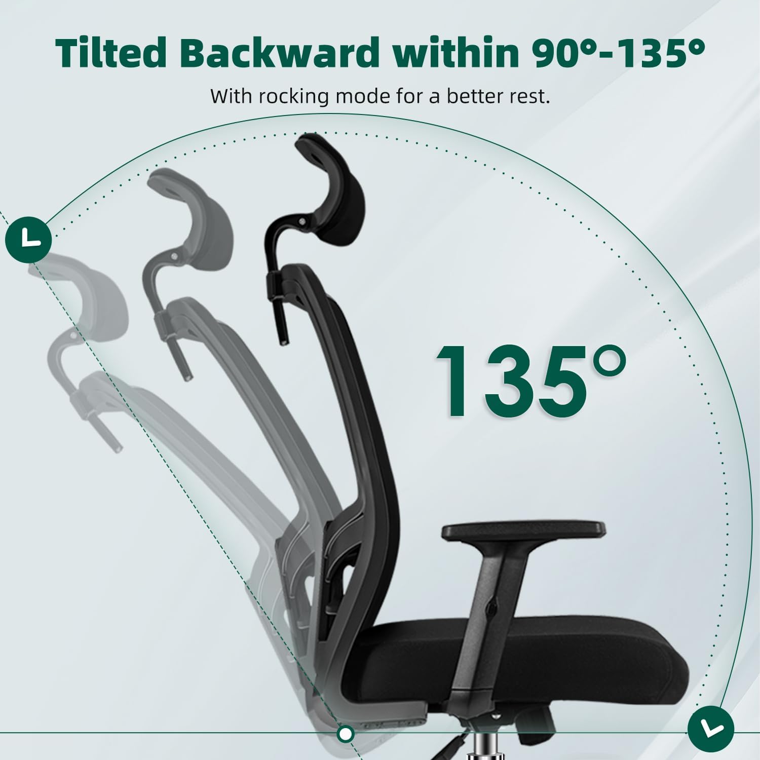 Ergonomischer Bürostuhl mit verstellbarer Lordosenstütze, Armlehnen und Kopfstütze, Drehstuhl, Schreibtischstuhl, Bürostuhl, 150 kg, Chefsessel, Wippfunktion bis 135° – Bild 3