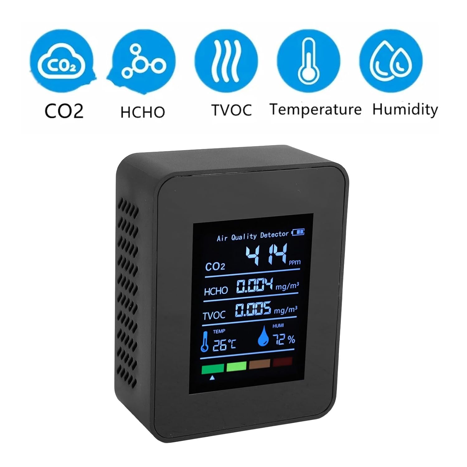 Luftqualitätsmonitor, 5-in-1-Messgerät für Raumluftqualität, CO2, TVOC, HCHO, Luftfeuchtigkeit, Temperatur, Echtzeitüberwachung, batteriebetrieben, für – Bild 5