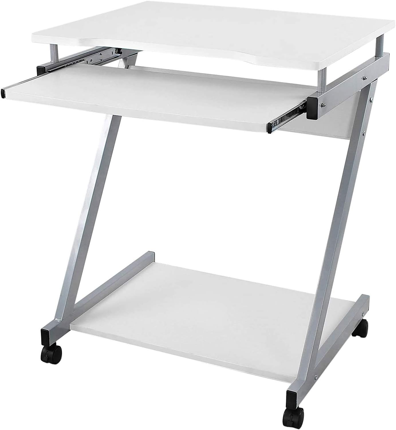 VASAGLE Schreibtisch, Computertisch mit 4 Rollen, 2 davon mit Bremsen, PC-Tisch sanfte Tastaturverlängerung, einfachere Installation, platzsparender PC-Tisch in Z-Form Weiß LCD811W