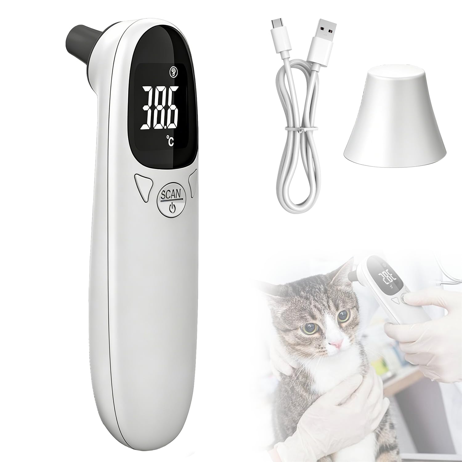 Hunde-Fieber-Thermometer mit LED-Anzeige, Ohrthermometer, Hunde-Ohrtemperatur-Monitor, Haustier-Thermometer, USB wiederaufladbar, tragbar, digitales Haustier-Ohr-Thermometer für Hunde und Katzen, Kühe, Ferd, Tiere