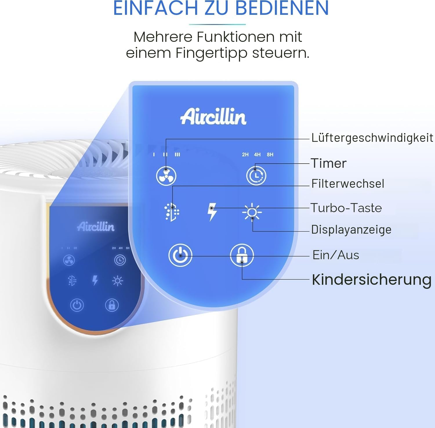 Aircillin Luftreiniger für Allergiker, Luftreiniger mit 5 Stufen H13 HEPA-Filter, reinigt 45 m², 12 W Energieverbrauch, HEPA-Luftfilter gegen 99 % von Staub, Pollen, Tierhaaren und Gerüchen, 25 dB (AP0801) – Bild 3