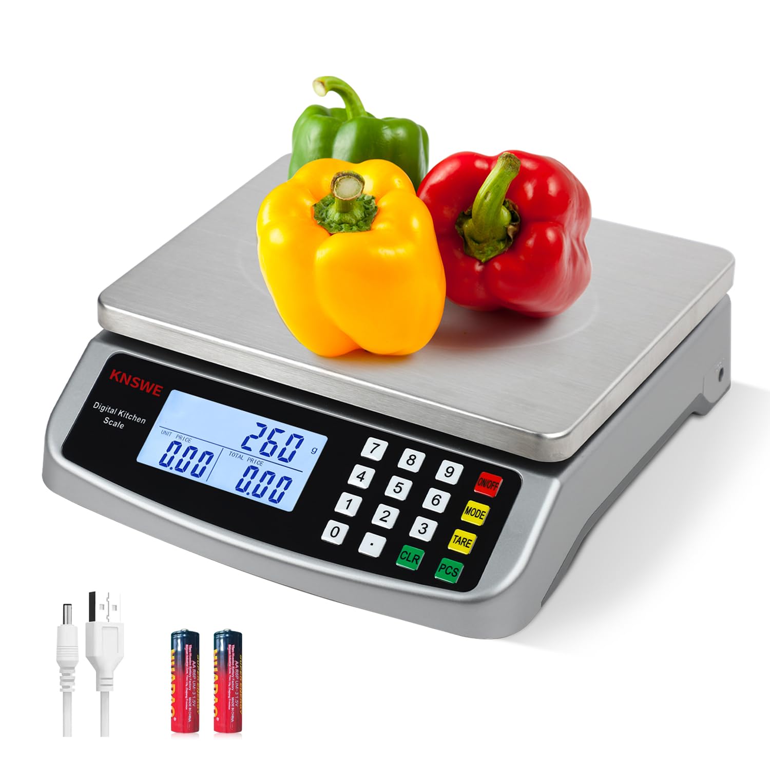 Küchenwaage 40 kg/1G, professionelle digitale Küchenwaage, große Edelstahl-Lebensmittelwaage, Obstwaage mit Tara-Funktion, PCS-Zählwaage, LCD-Display und 5 Maßeinheiten, Silber