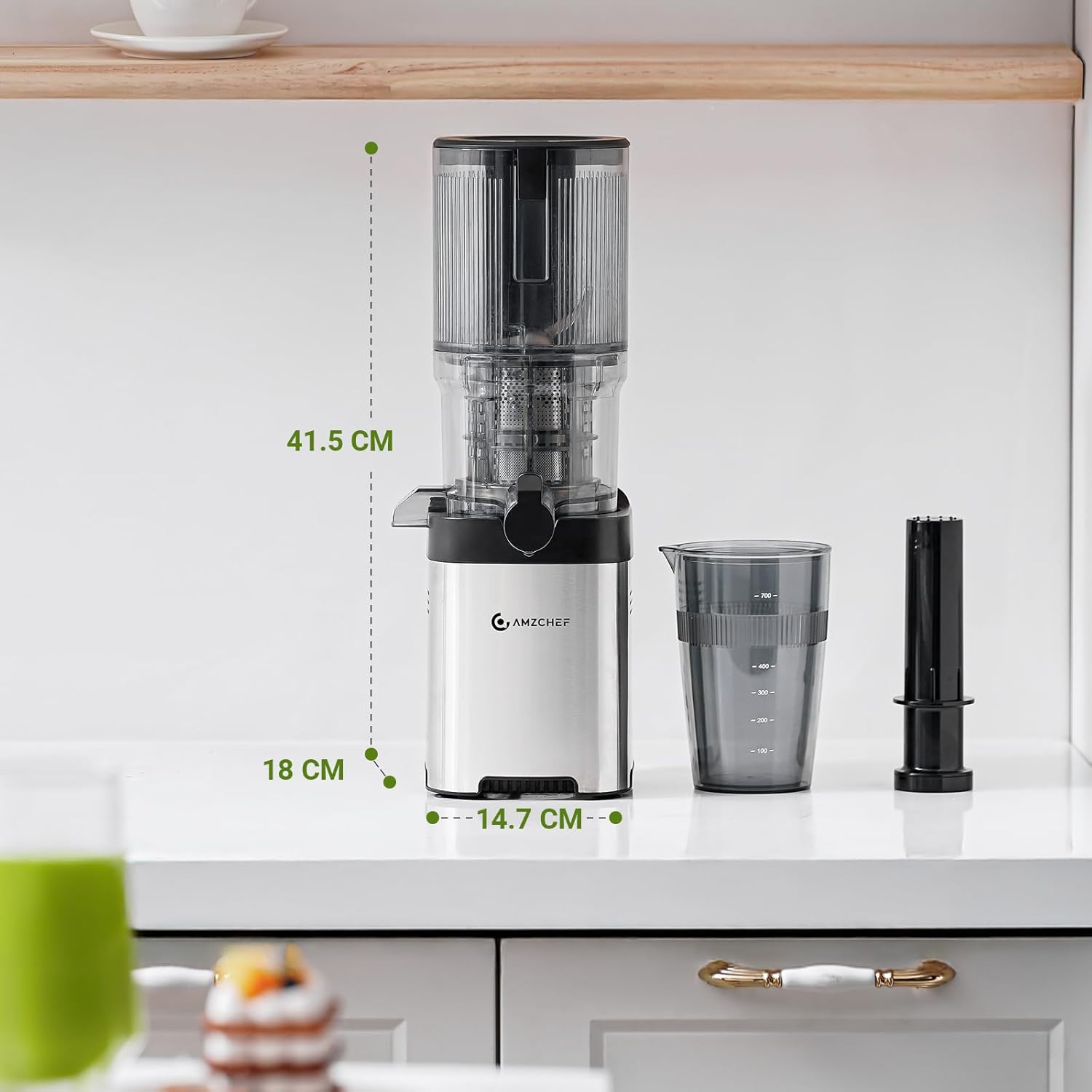 AMZCHEF Juicer Slow Juicer 136 mm – Elektrischer Entsafter für Gemüse & Obst – Kaltpress-Entsafter mit 2 Filtern – Leise und leicht zu reinigen – Silber – Bild 3